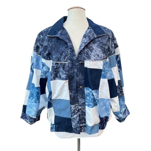 70’s 80’s Patchwork Light Denim Jacket Marguerite Rubel Blue & White Size M - Picture 1 of 6